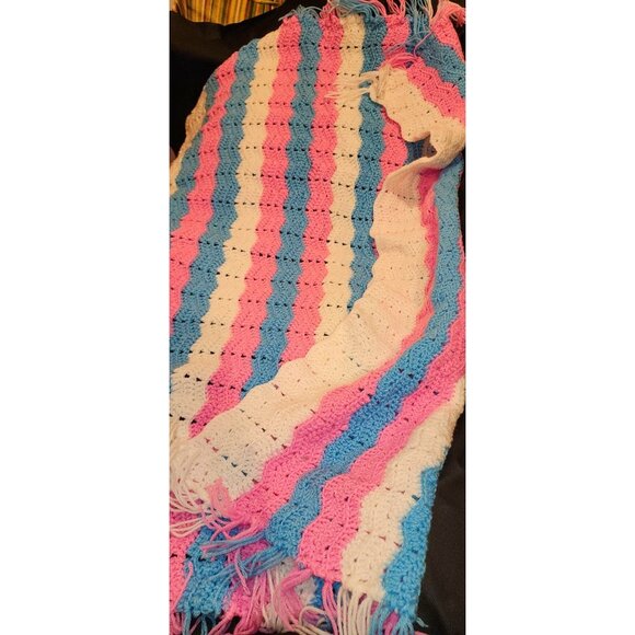 Handmade Crocheted Baby Blanket Fringe Multicolor Stripes Blue Pink White NEW - Picture 4 of 7